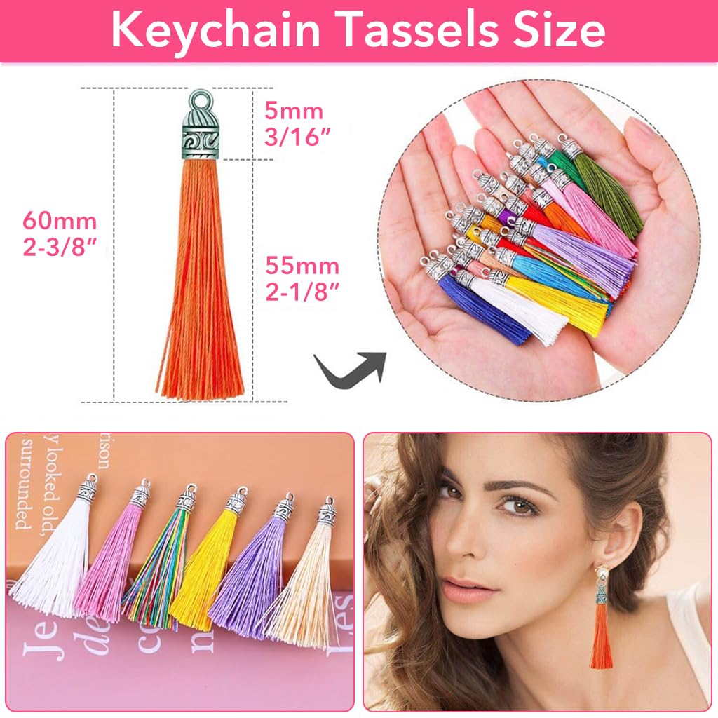 HASTHIP Tassels for Jewelry Making with 100 mixed colors and hanging loop design | 2.36 inch silky polyester set