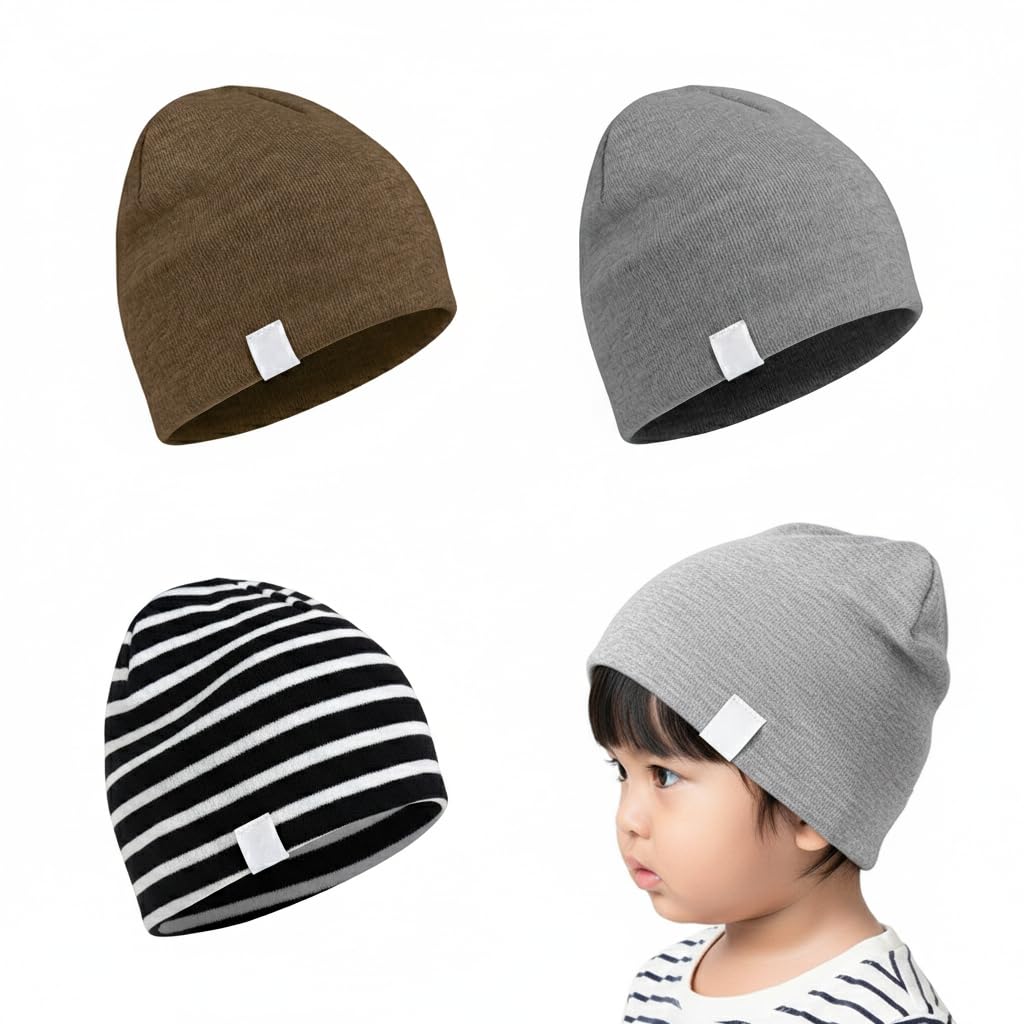 HASTHIP® SNOWIE Soft 3 Pcs Toddler Infant Baby Soft Cute Knit Kids Hat Beanie Cap Spring and Autumn Double-Layer Hooded Hat, Elastic Cotton Baby Toddler Beanie for Ages 1-4 Multicolor