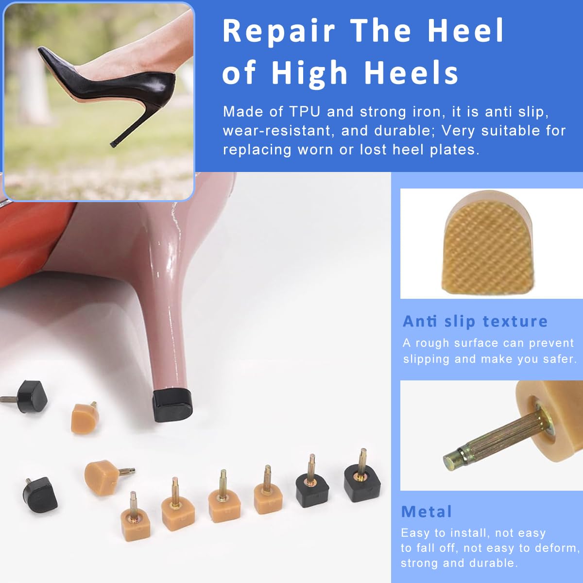 HASTHIP Women's Shoe Heel Repair Kit for High Heel Replacement with 20 Pairs 9–12.5mm TPU Tips | Anti Slip Design and Plier Tool