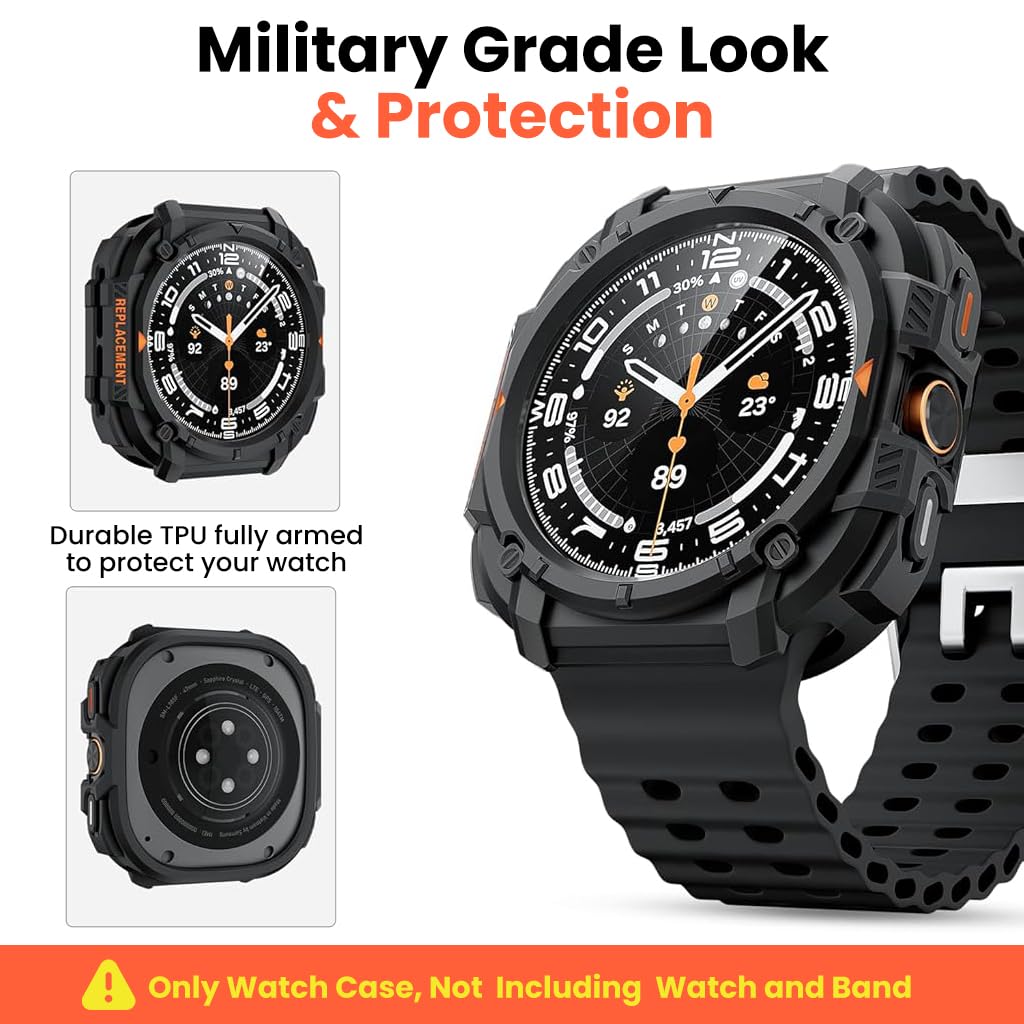 ZORBES® for Samsung Galaxy Watch Ultra 47mm(2024/2025) Case, Rugged Sport Watch Case, Durable Snap-on TPU Protective Cover with Full Edge Guard, Fashion Watch Guard Accessory, Black