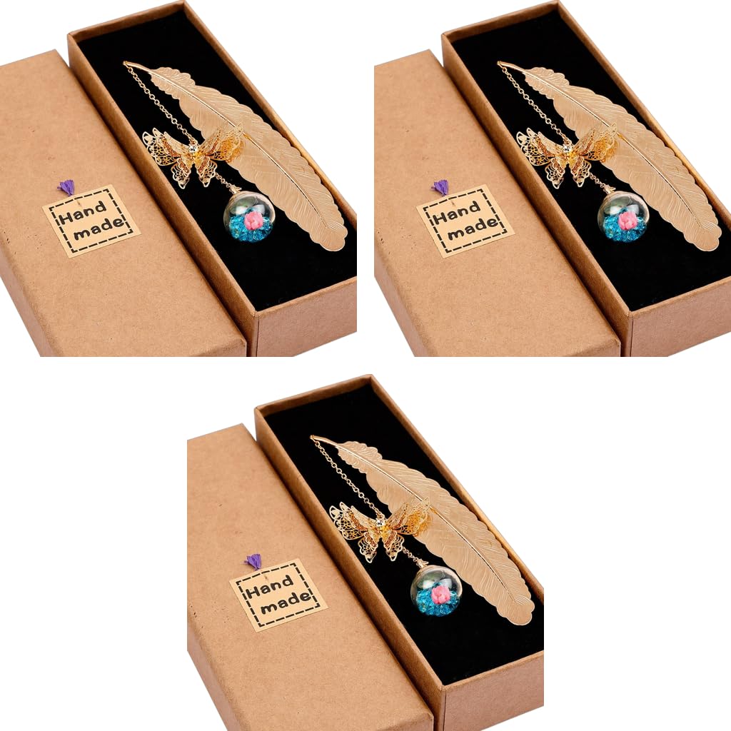 HASTHIP Metal Feather Bookmark for Reading with 3D Butterfly Pendant and Glass Beads | 3PCS