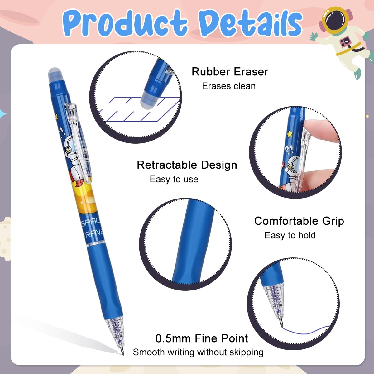 HASTHIP Erasable Pens for Writing and Drawing with 0.5mm Fine Tip & Thermo Sensitive Ink | Featuring Rubber Grip and Cartoon Design
