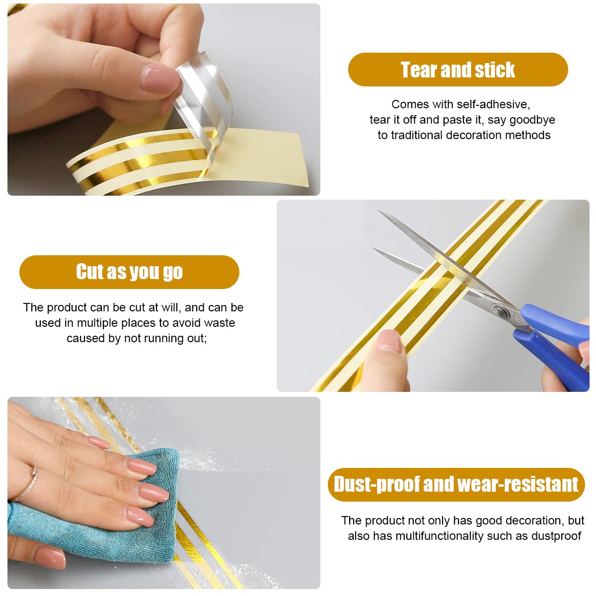 HASTHIP Tile Gap Tape for Home Decoration with Self Adhesive Waterproof PVC 2.5cm x 5m | Golden Foil Finish 3 pcs