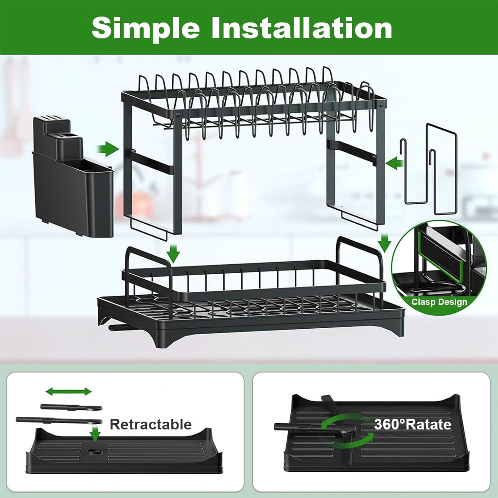 HASTHIP® Dish Drying Rack, Double Dish Drying Rack, Dish Drying Stand with Utensil Holder & Drainboard Tray & Cutting Board Holder, Large Capacity Dish Drainer Collapsible Rust-Resistant Dish Rack