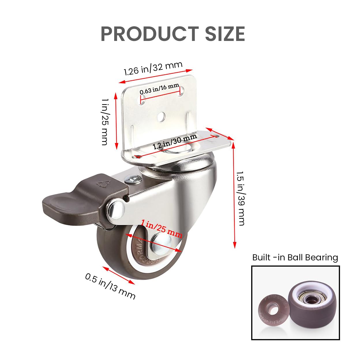 HASTHIP L Shaped Caster Wheels for Furniture with Brakes 12PCS 1 Inch 360° Swivel | Soft Rubber Silent Design