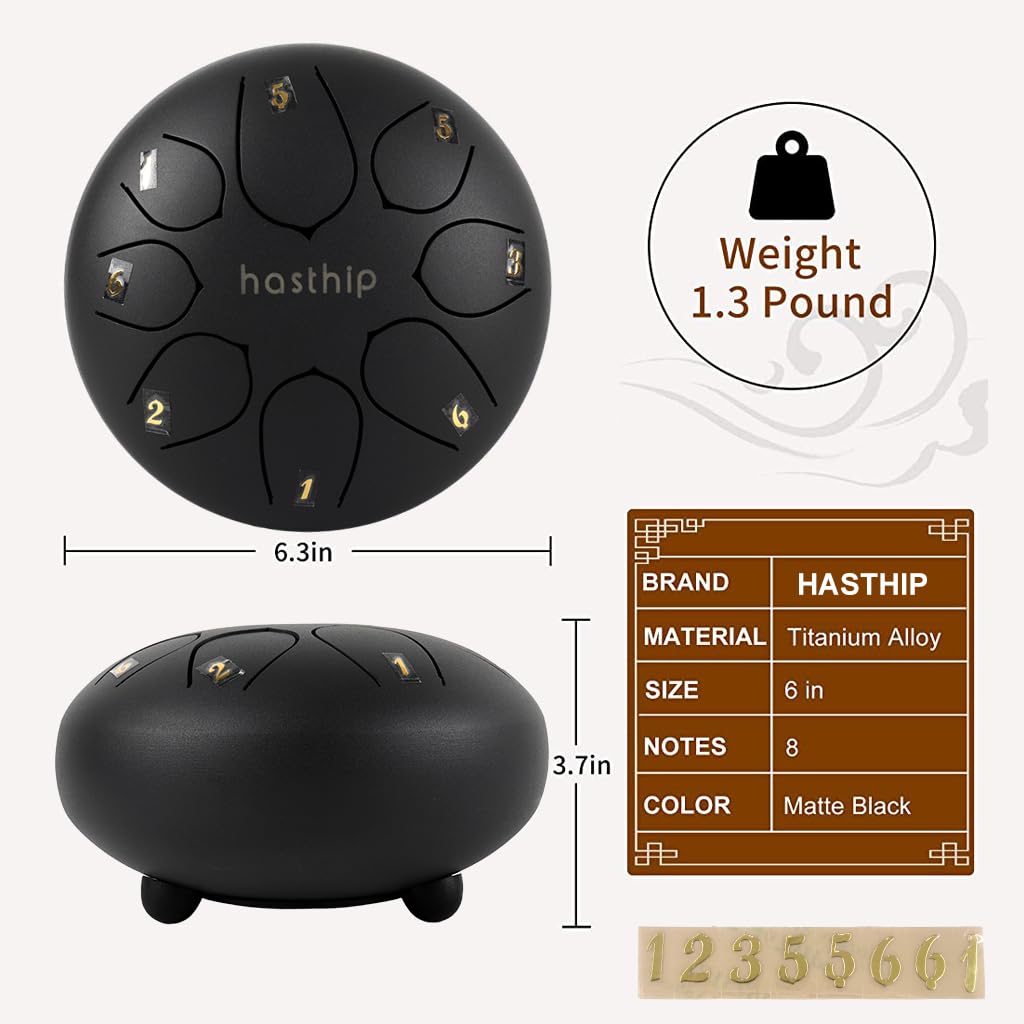 HASTHIP Steel Tongue Drum for Meditation and Yoga featuring 8 Notes 6 inch Titanium Alloy | Black
