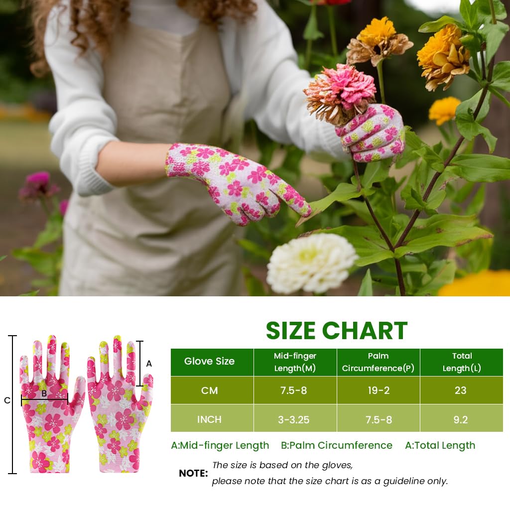 HASTHIP Gardening Gloves for Women with Full Palm Anti Slip Grip Nylon Floral Print 6 Pairs