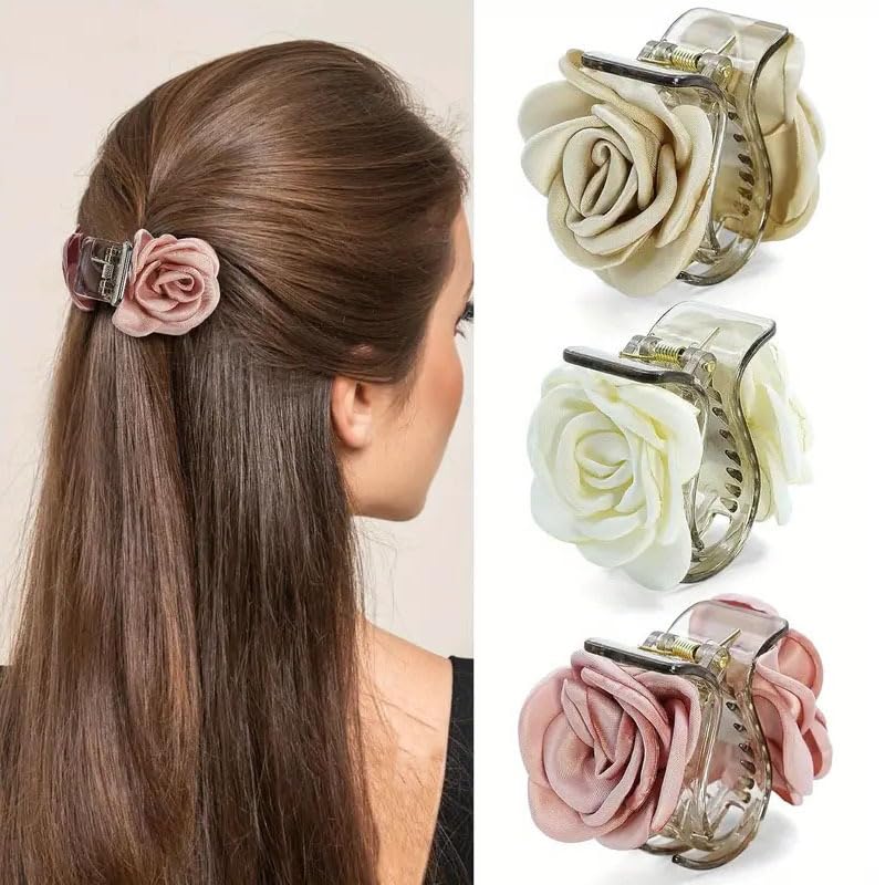 HASTHIP® 3 Piezas Clips de Garra con Flor de Rosa,Pinzas Pelo Acrílicas con Resorte Fuerte,Accesorios Elegantes para Mujeres y Niñas Estilo Medio Recogido Ligero y Duradero
