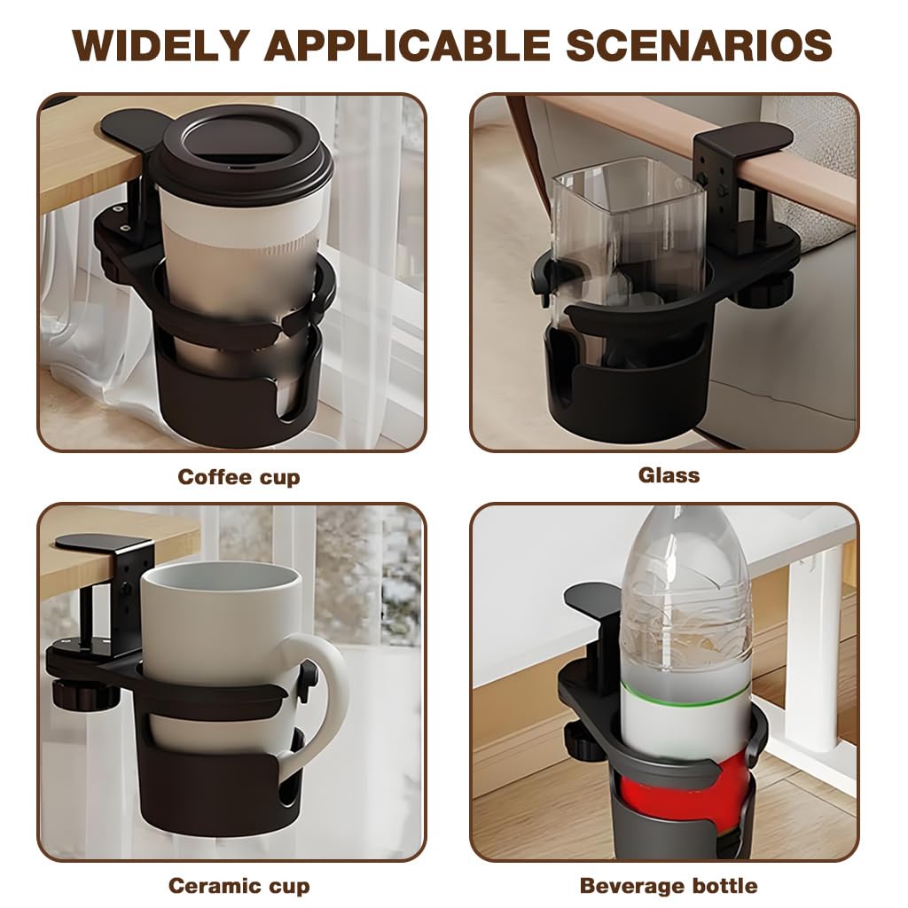 HASTHIP Desk Cup Holder for Home and Office with Swivel Design and Screw-Fix Clamp | Black Silicone Spill-Proof Drink Holder