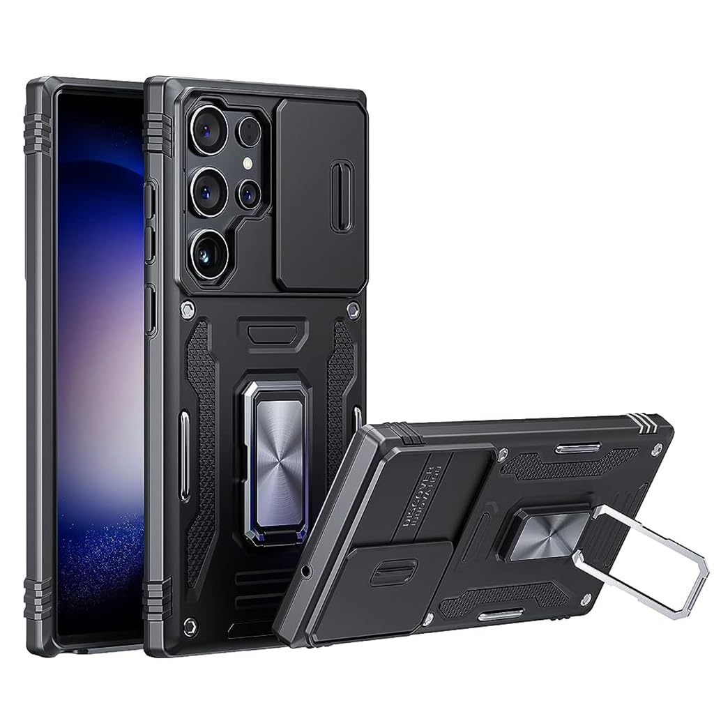 HASTHIP® Galaxy S23 Ultra Case - Black, Slim & Durable Design with Integrated Ring Holder, Sliding Camera Lens Cover, 360° Rotatable Kickstand, Shock Absorption, PC TPU Metal, Anti-Slip
