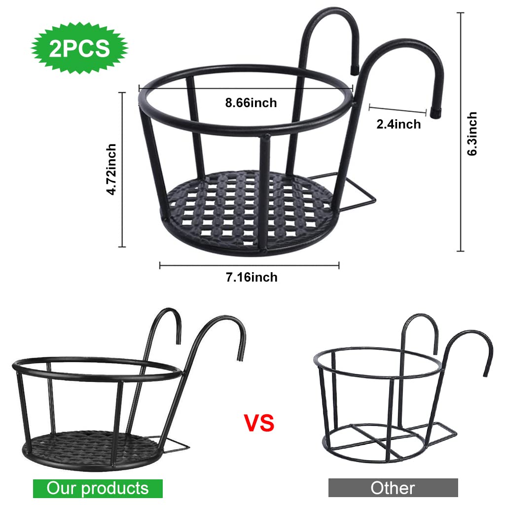 HASTHIP Flower Pot Stand for Railing Planters featuring Dual Hook Design and 8.6 in Tray | Wrought Iron Balcony Holder