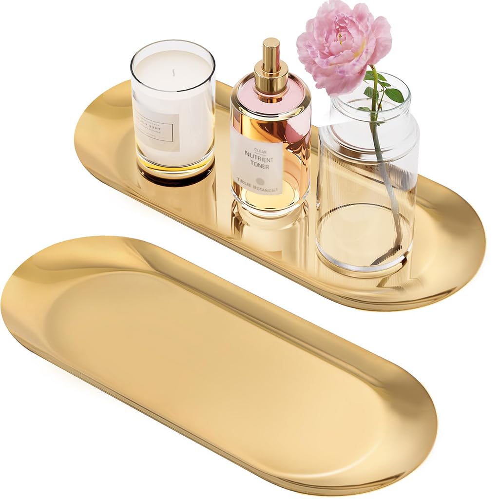 HASTHIP Rectangular Trays for Vanity and Bathroom with 2Pcs 30x12cm Stainless Steel Gold Finish | Multipurpose Organizer