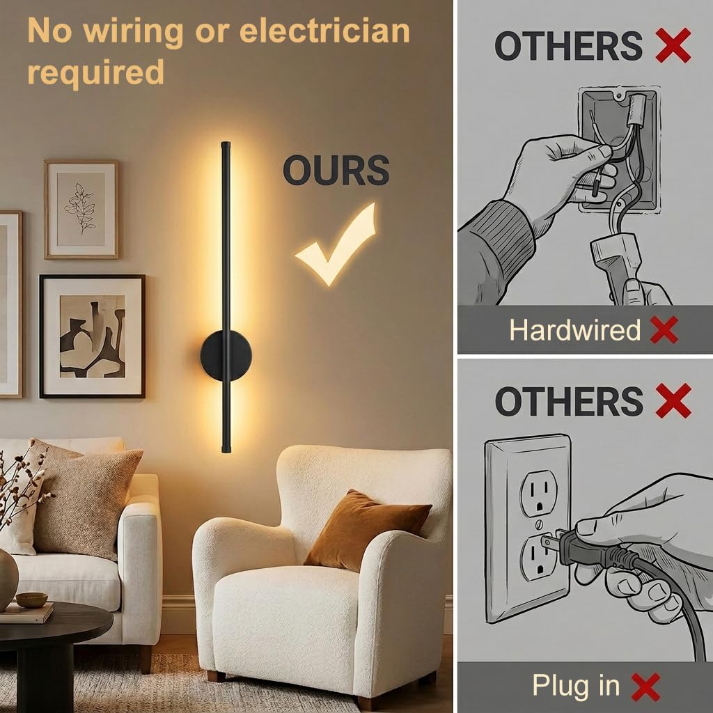 HASTHIP® 3-Color LED Wall Sconce 23.6in Luxury Golden Finish Modern Wall Stick Light Set, Dimmable Wall Lamp with Remote & Touch Control, USB Rechargeable Wall Lamp