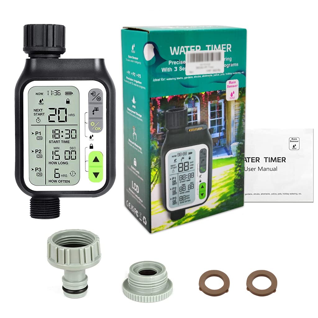 Drip Irrigation Timer for Garden Farm, Irrigation Water Timer with Rainy Sensor + Multi Programs Automatic Watering System, Waterproof Digital Irrigation Timer System for Lawns