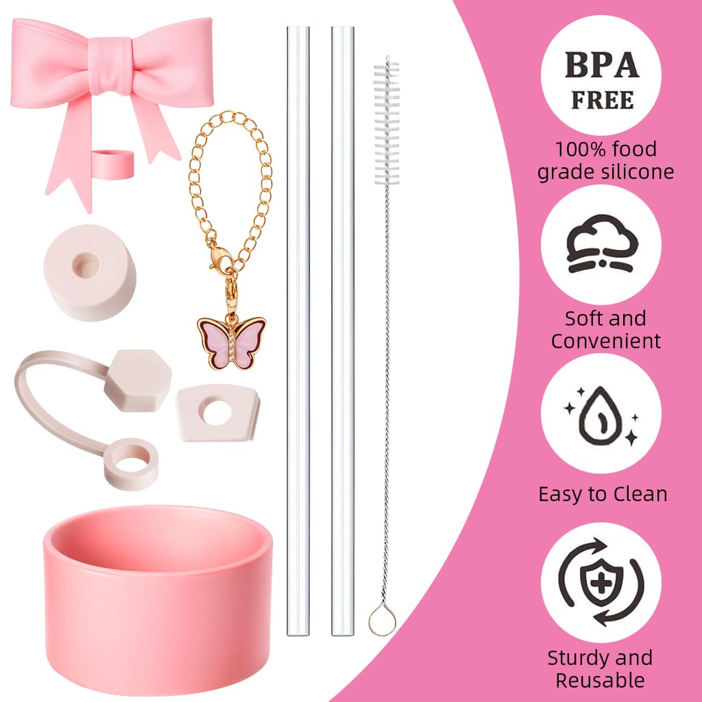 HASTHIP Stanley Cup Accessories 18 pcs Set for Enhanced Drink Use with Straw Caps and Brush | Cute Bow Charm and Bottom Sleeve Decor Kit