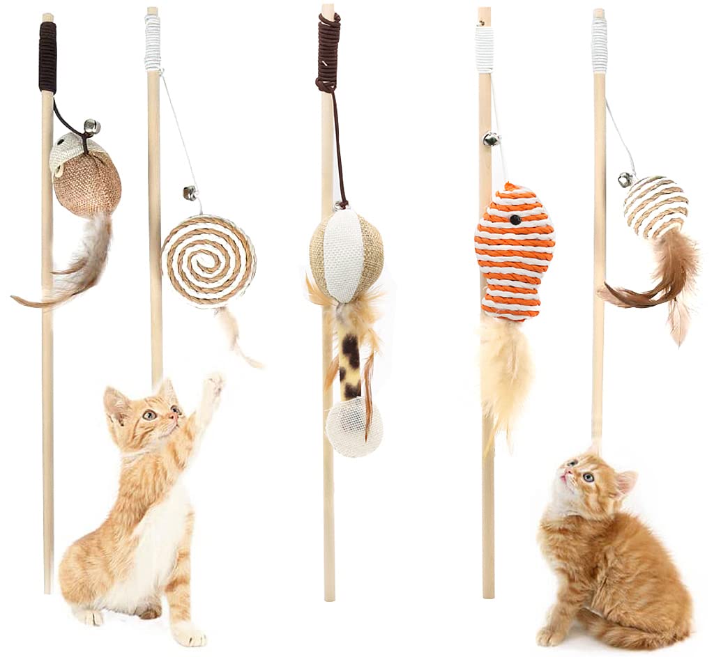 HASTHIP® Premium Cat Toy Interactive Cat Toys Set of 5 Cat Teaser Wand Pet Toy for Cat Activity Fishing Rod with Mouse Natural Feathers Cat Toys for Kittens to Play Cat Games and Toy Mouse Toy