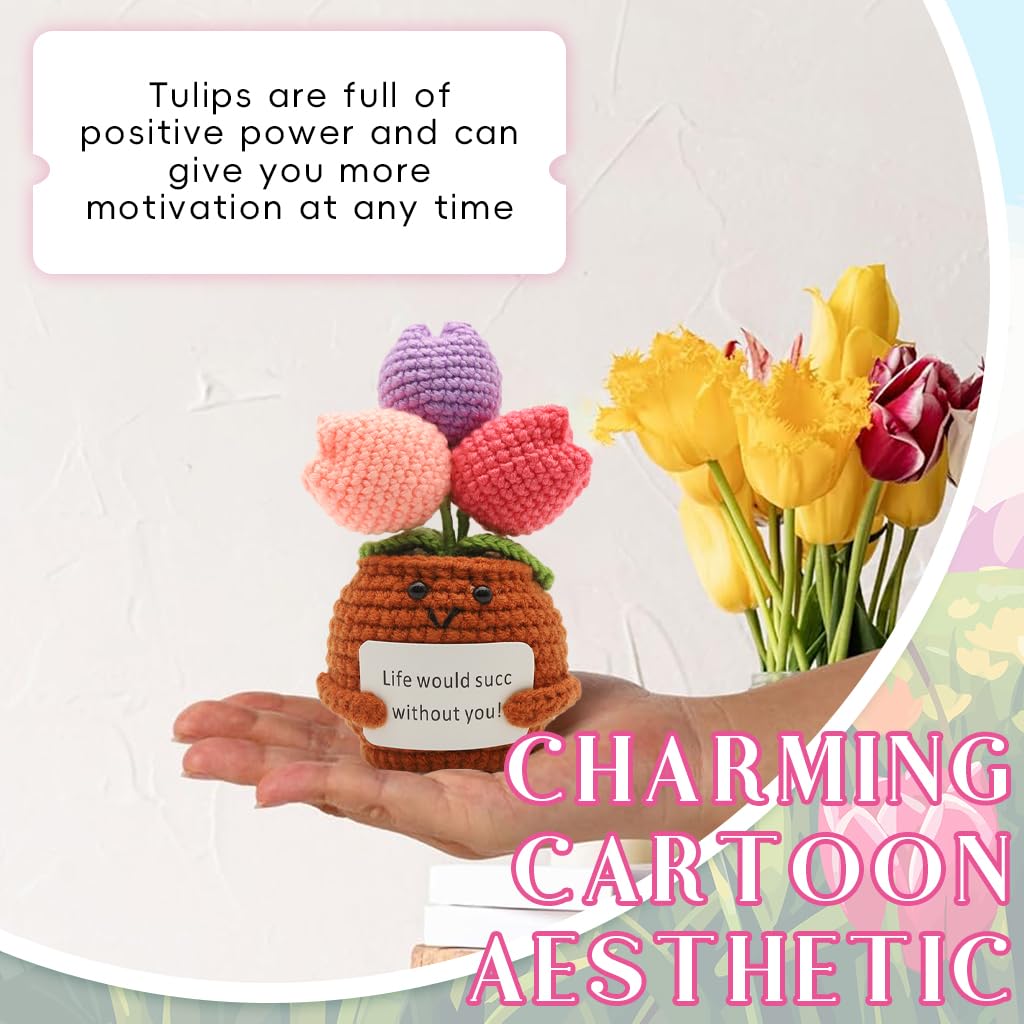 HASTHIP Positive Tulip for Desk and Home Decor with Smiley Pot and 7.3 in Crochet Flowers | Cheerful Gift