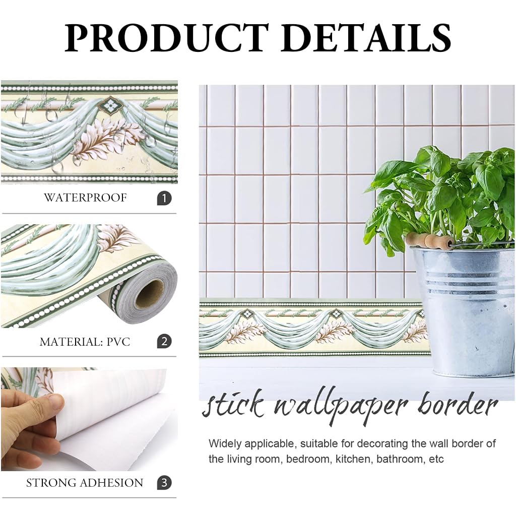 HASTHIP® Wall Border Sticker - 3.9''×29.5 Ft Self-Adhesive Floral Trim PVC Frame Sticker, Kitchen Bathroom Waterproof Wallpaper Border Self Adhesive Tiles Sticker for Room Decor, Cupboard (Green)