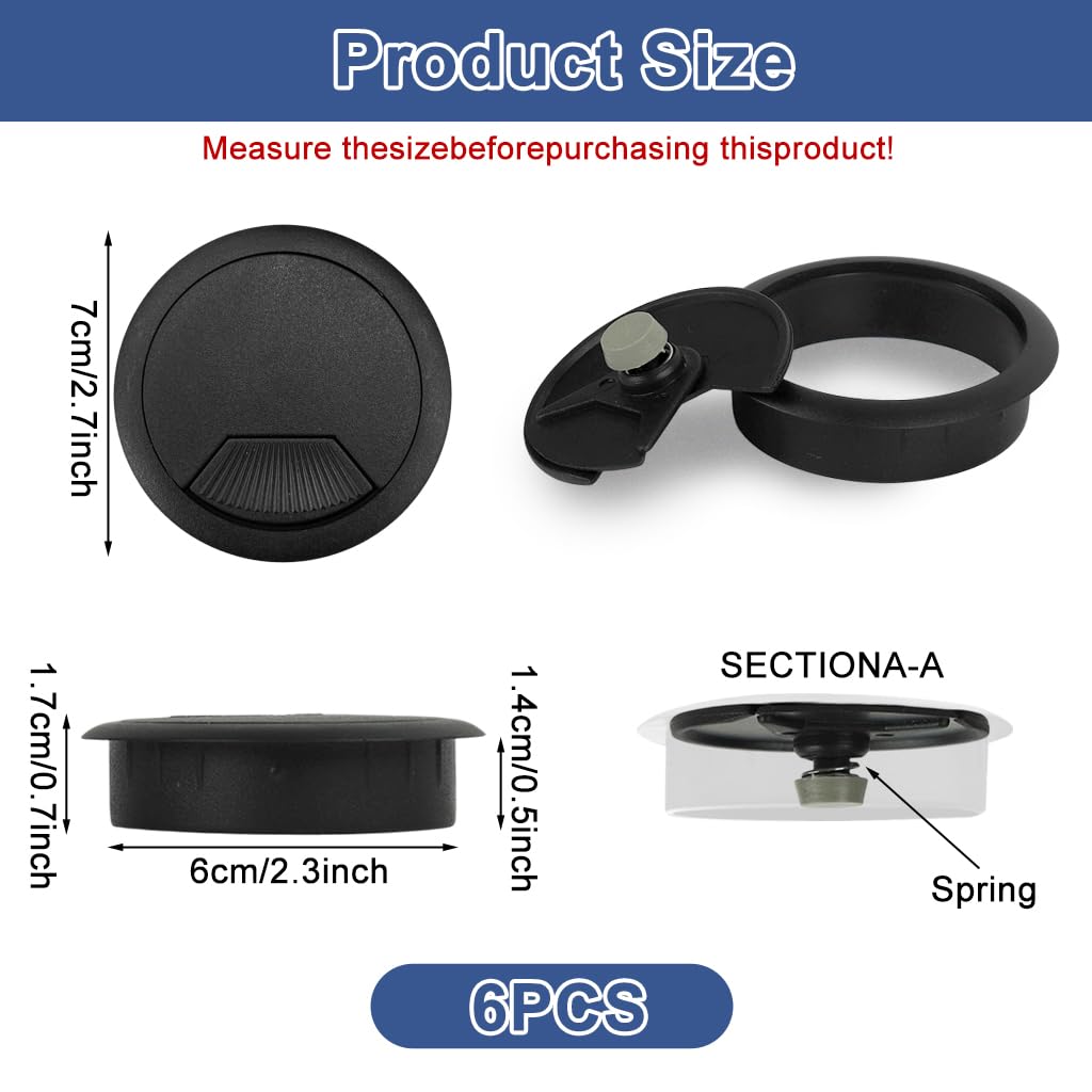 HASTHIP® 6-Pack 2.36-Inch Black Desk Cable Grommets