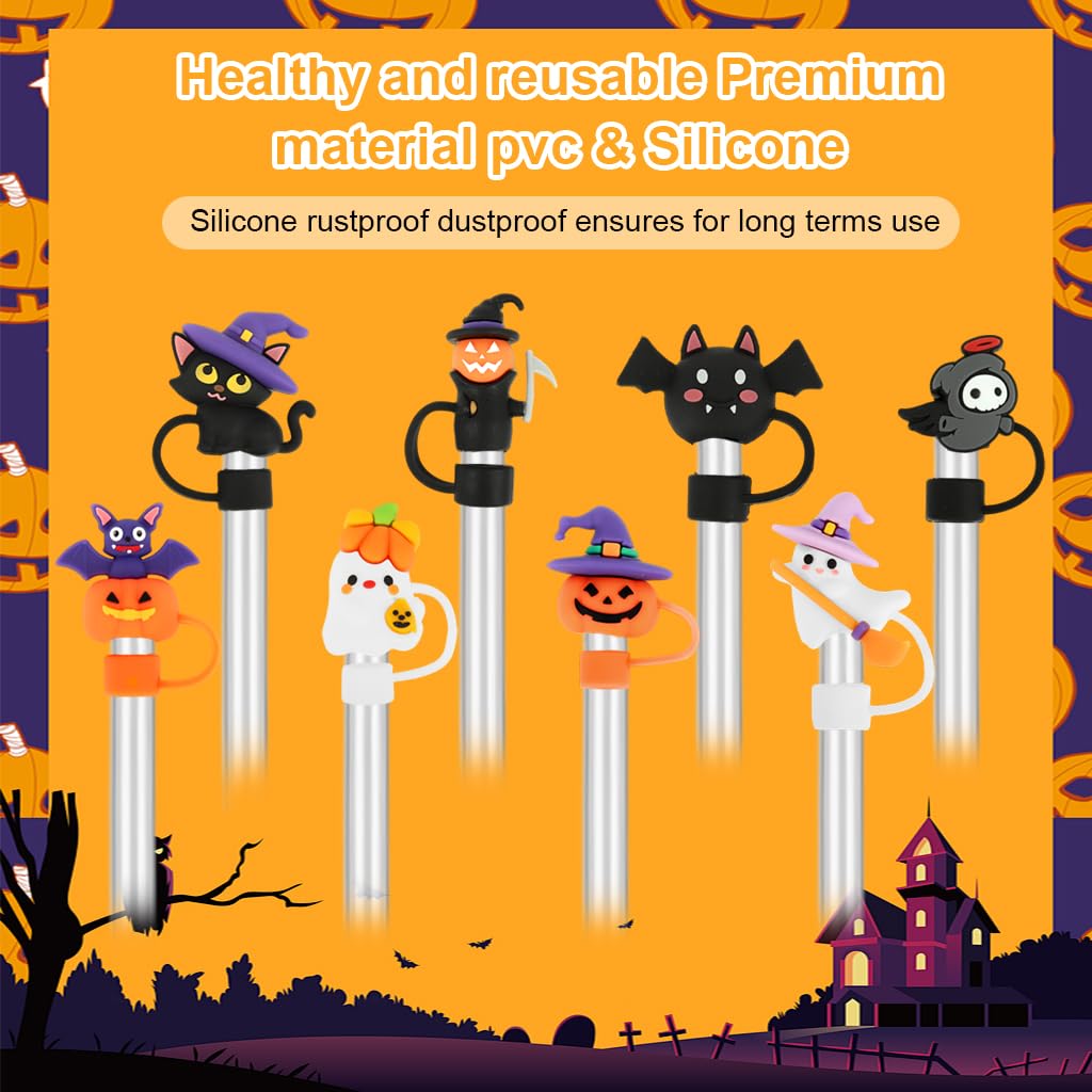 HASTHIP Silicone Straw Caps for Halloween Drinks with 8 Cute Designs 10mm Fit | Dustproof Tip Covers