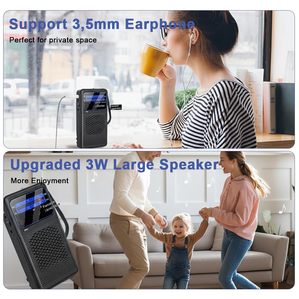 HASTHIP® Radio de Bolsillo con Luz, Radio Exterior FM/AM/SW de 3 Bandas, Toma para Auriculares de 3.5mm, Pantalla LCD, Mini Radio para Camping, Viajes y Emergencias, Funciona con Pilas (Sin Batería)