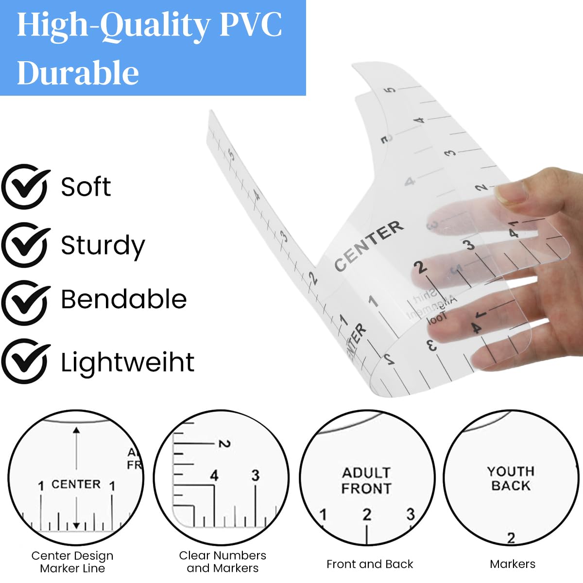 HASTHIP Tshirt Ruler Guide for Vinyl Alignment with 10pcs PVC Templates | Clear Placement Tool for Infant to Adult Shirts