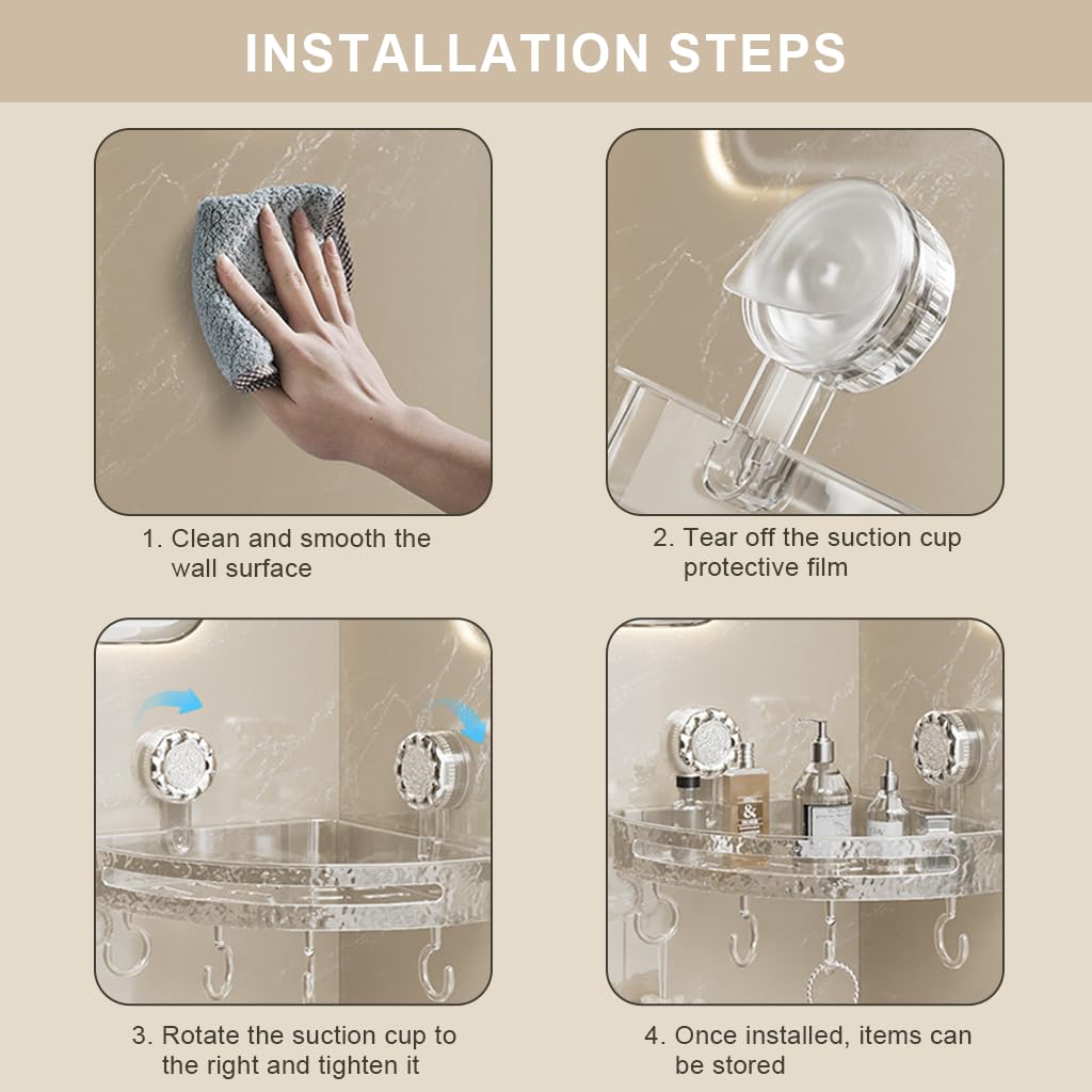 HASTHIP Bathroom Corner Shelves for Wall Storage with Strong Suction Cup and 4 Hooks | White