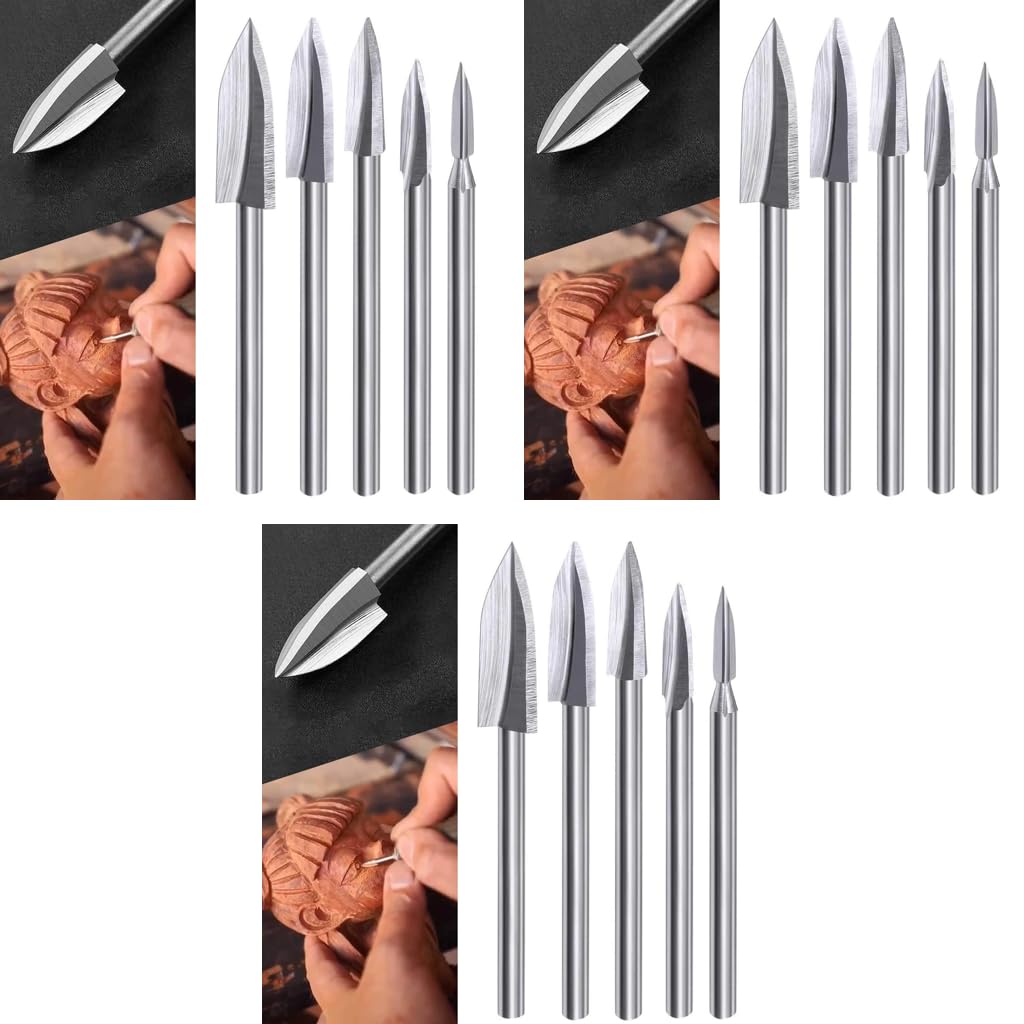 HASTHIP Wood Carving Tools for Rotary Tool 15 pcs with 1/8 Shank | 5 Sizes 3–8 mm Engraving Set