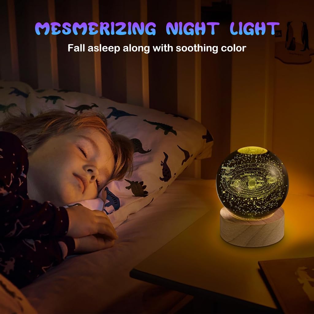 3D Solar System Crystal Ball Night Light, 7 Colors Change Glass Ball Lamp with LED Light Wooden Base, Solar System Lamp for Bedroom Home Decor, Birthday Astronomy Space Gifts for Kids Friend