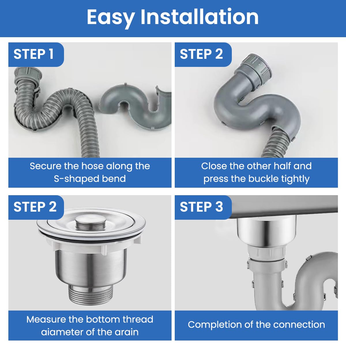 HASTHIP Kitchen Sink Drain Kit with 3.35–4.33 in Fit featuring U Shaped P Trap and Stainless Steel Flange