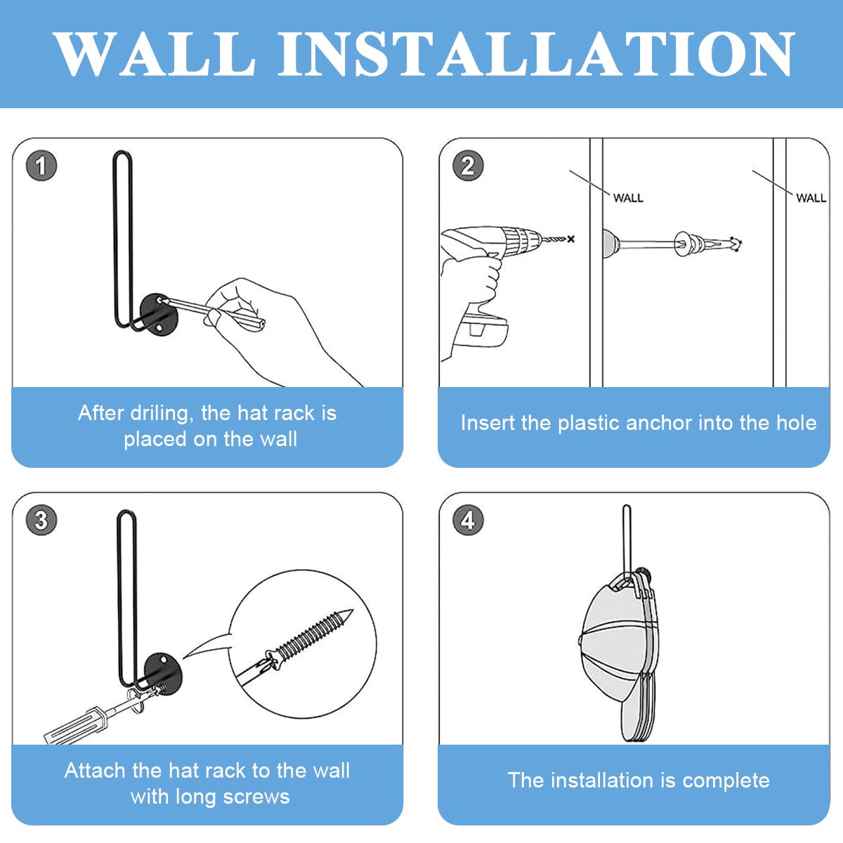 HASTHIP Wall Hat Organizer for Door or Closet with Screw Mount and Metal L Shape | Set of 2 for 10 Caps