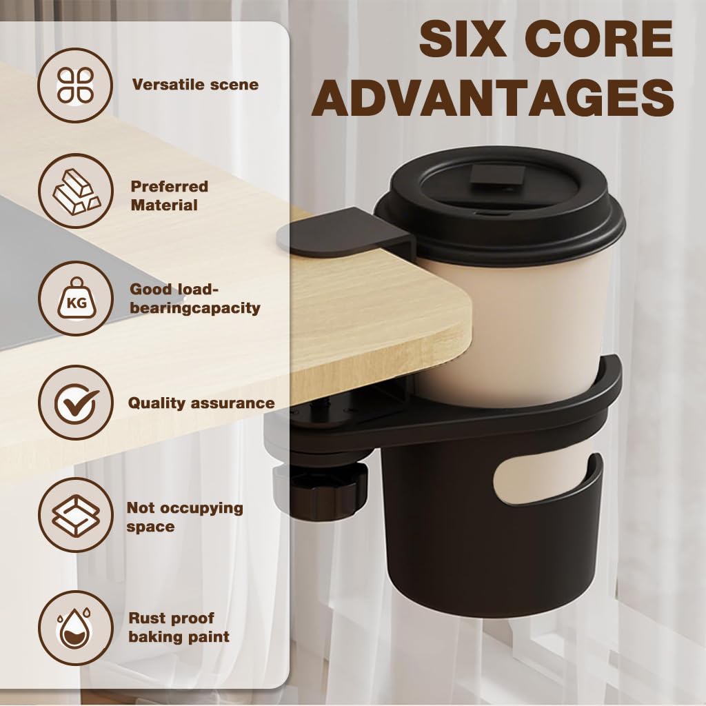 HASTHIP Desk Cup Holder for Home and Office with Swivel Design and Screw-Fix Clamp | Black Silicone Spill-Proof Drink Holder