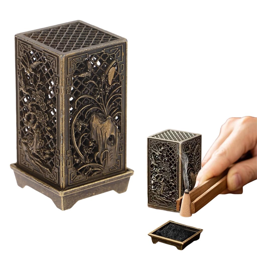 HASTHIP Incense Burner for Indoor Aromatherapy featuring Cutout Grid Pattern 3.4x3.4x6cm Copper Alloy