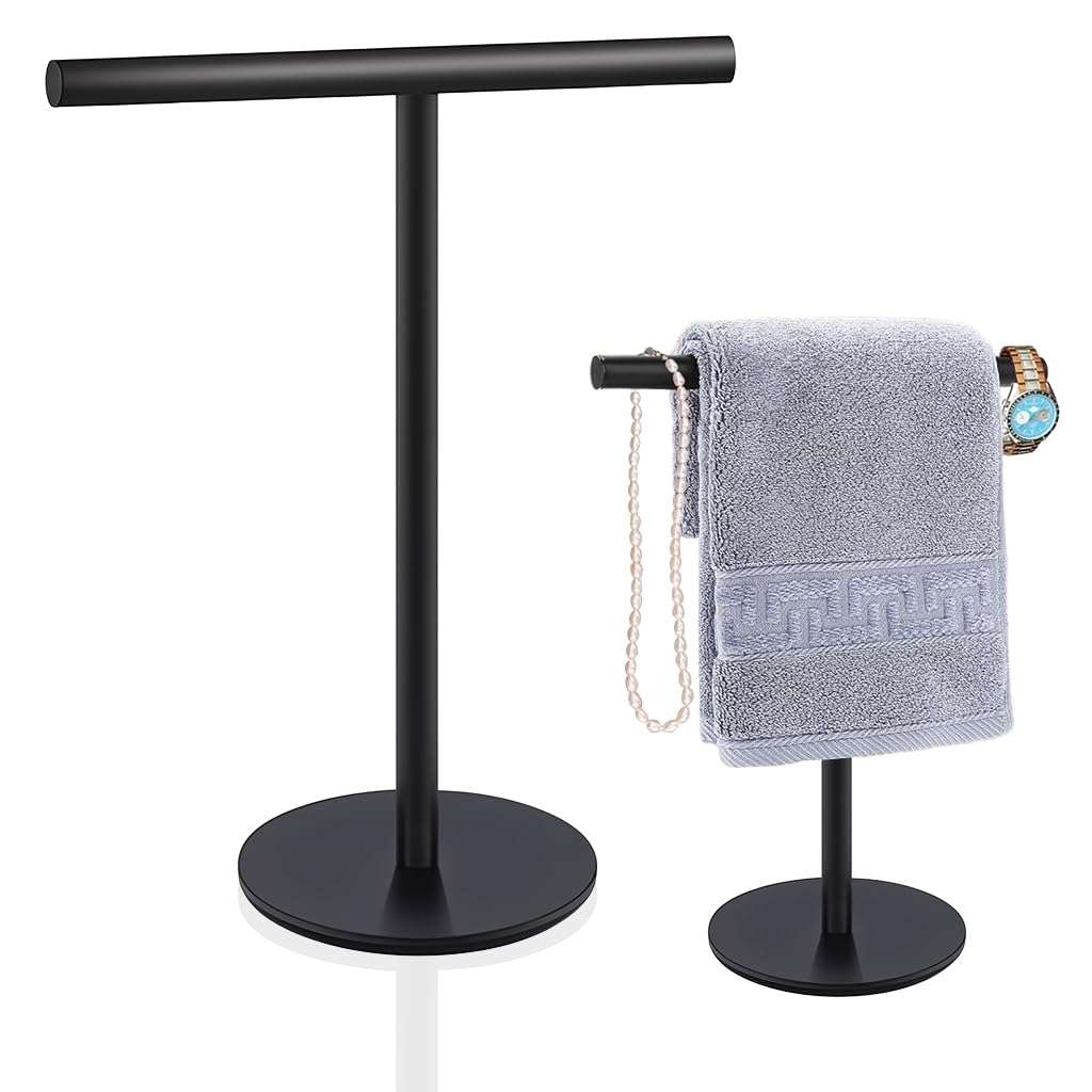 HASTHIP Towel Rack for Countertop featuring T Bar with Stable Base 11.8 in Black Stainless Steel | Modern Bathroom Storage for Face Towels and Paper Rolls
