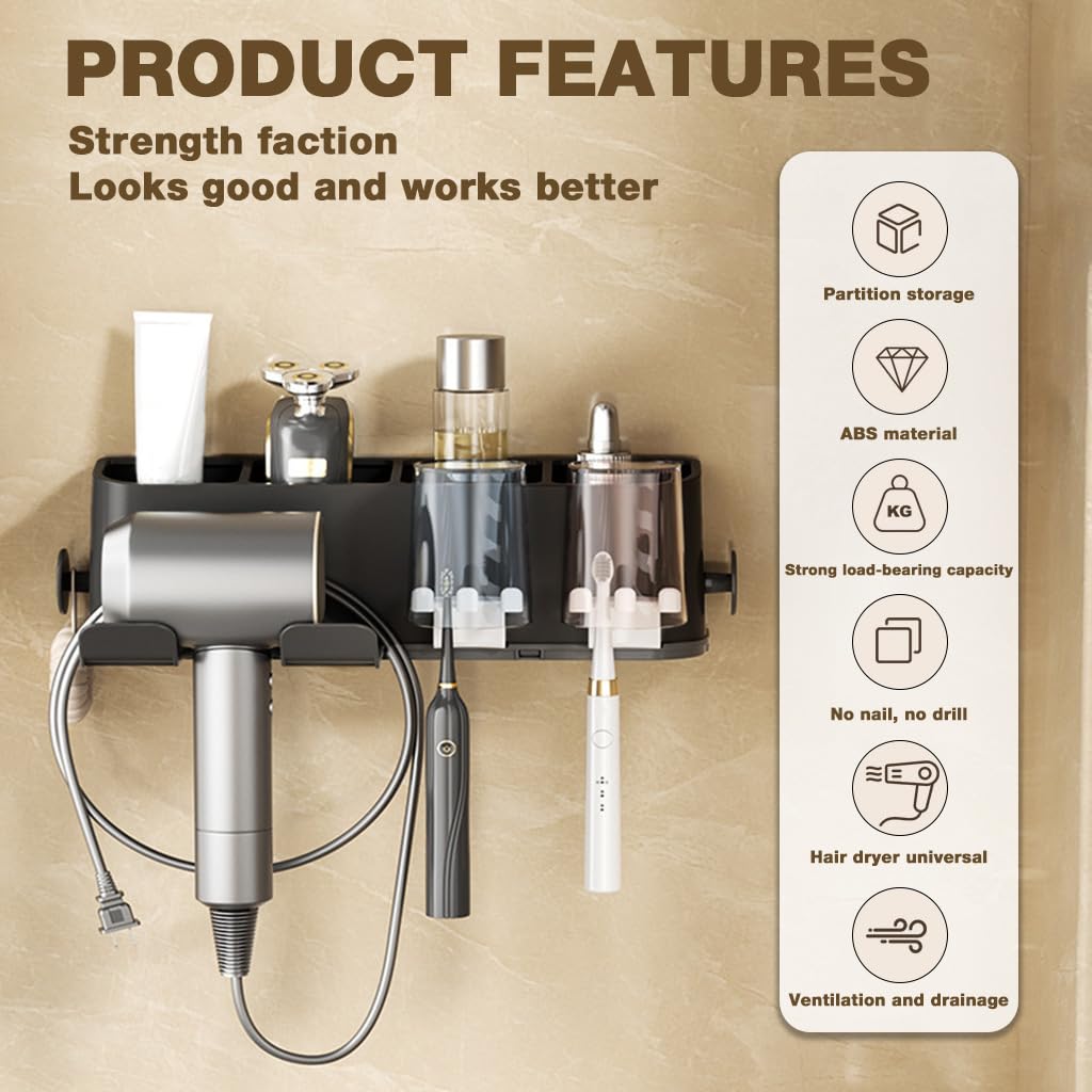 HASTHIP Hair Dryer Holder for Bathroom with 4 in 1 Storage and Self Adhesive Mount | ABS Wall Organizer