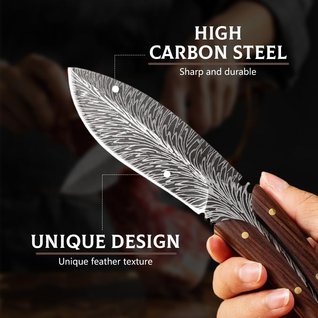 HASTHIP® Feather Kitchen Knife for Meat Cutting, Peeling, Slicing & Boning, High Carbon Steel Full Tang Blade Rosewood Handle with Leather Sheath, Professional Cooking & Outdoor Knife 7.8''-Multicolor