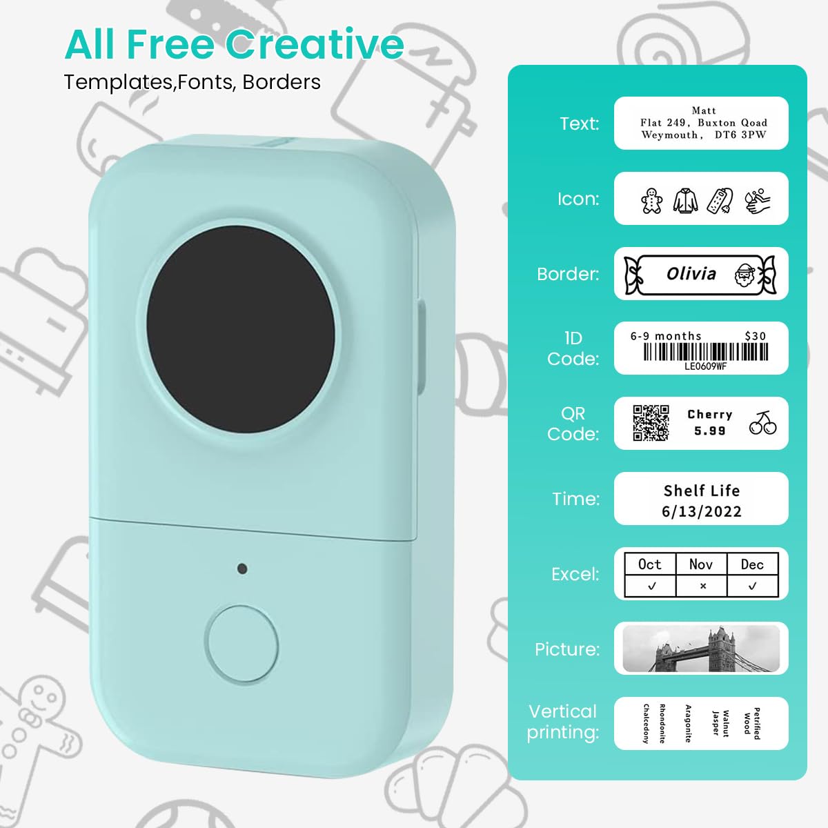 HASTHIP® Label Maker, Wireless Mini Lable Printer Machine, Portable Thermal Sticker Printer with Multiple Templates, Label Marker for Kitchen