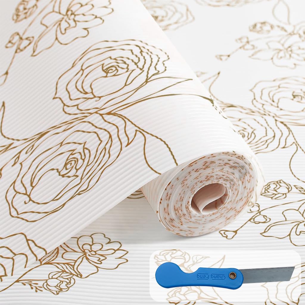 HASTHIP® 45cm x 300cm Non Adhesive Drawer Liner Gold Floral Thickened Shelf Liner Paper Strong Non-Slip Easy to Clean for Tool Box Refrigerator with Small (Random)