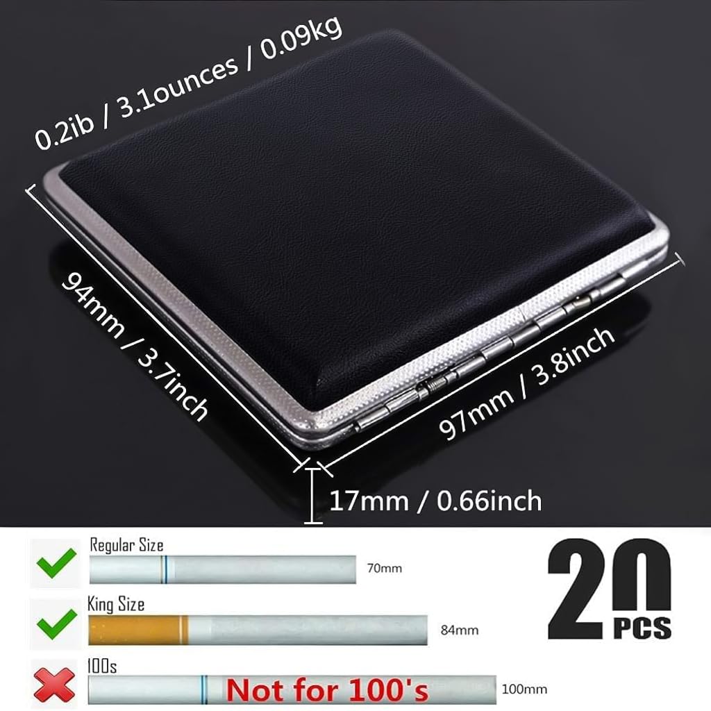 GUSTAVE® Cigarette Case King Size for Men Women Holds 20 Cigarettes Case Box Holder Brown Leather Vintage Hard Metal Full Pack 84mm Regular Size