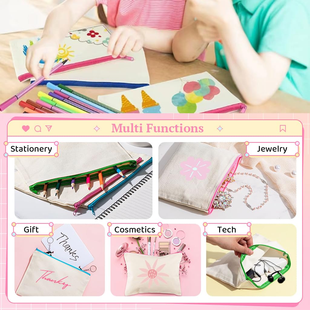 HASTHIP DIY Canvas Pencil Pouches Kit for Kids and Adults with 12 Pens | 10 Blank Cotton Bags