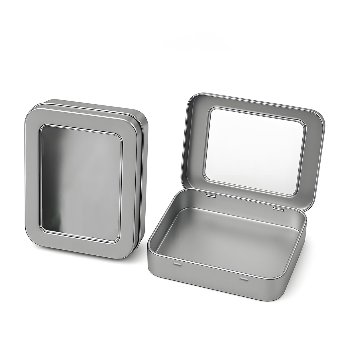 HASTHIP® 2Pcs Tin Box Small - Rectangular Metal Storage Box with Clear Window Portable Silver Tiny Storage Boxs for Candy, Mints, Jewelry, Gift and Craft Storages, 115×85×22mm