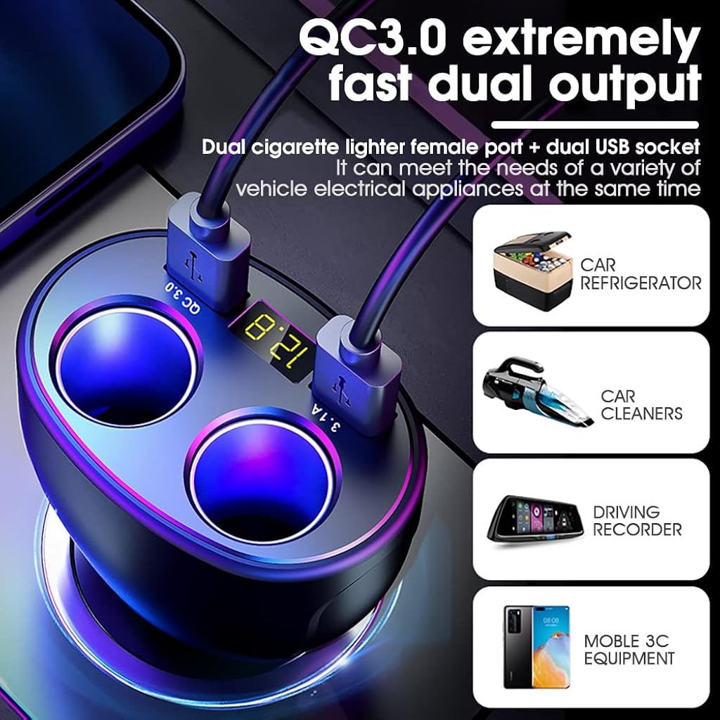 HASTHIP® Car Charger, 120W Car Cigarette Lighter Splitter with QC3.0 & 3.1A USB Ports 12V/24V Car Charger Car Lighter Adapter with LED Voltage Display Car Charger Fast Charging for GPS Dash Cam Phone