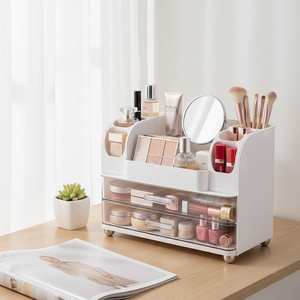 HASTHIP Makeup Organizer for Desk and Vanity with Dual Drawers and 35x21x26 cm ABS Design