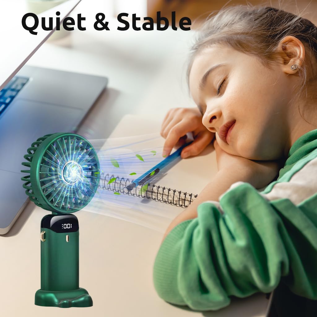 HASTHIP Hand Fan for Home Office and Travel with 3000mAh Battery featuring 5 Speeds and Foldable Design | Green 2 Pack