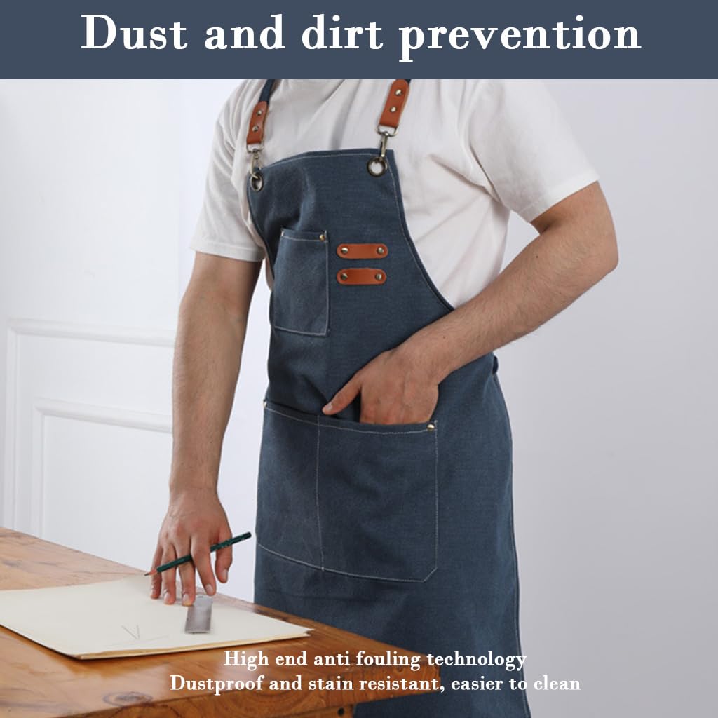 HASTHIP Canvas Work Apron for Kitchen and Workshop with Metal Eyelets and Multi Pockets | Dark Blue Adjustable Tie Back