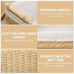 HASTHIP Desk Organizer for Bathroom and Dresser with Wooden Handle | 2 Sizes 30x20x10cm & 25x15x8cm Rustic Rattan Fabric Lined Storage Box