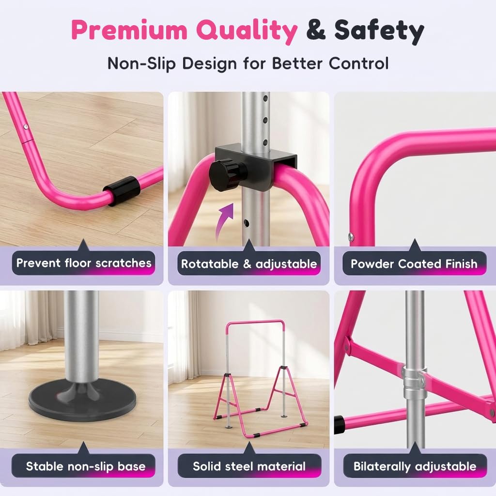 HASTHIP® Kids Gymnastics Horizontal Bar, 80-130cm Adjustable Height Training Bar for Children, Junior Kip Bar with Sturdy Steel Frame & Non-Slip Base, 330lbs Loading Capacity
