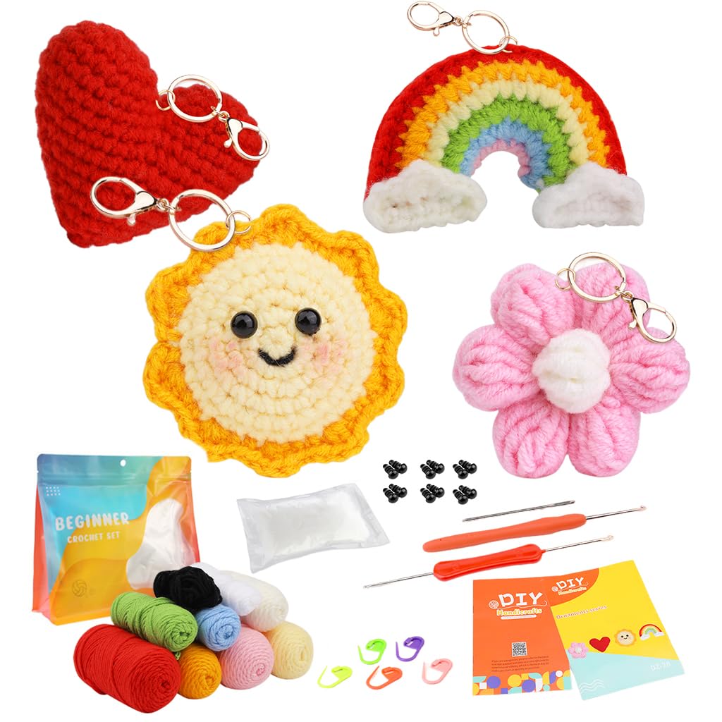 HASTHIP® DIY Crochet Kit,4 PCS Cartoon Stuffed Toy Making Set with Tools & Tutorials,Beginner-Friendly Crochet Starter Kit Handmade Gift for Kids & Adults DIY Pendant Material