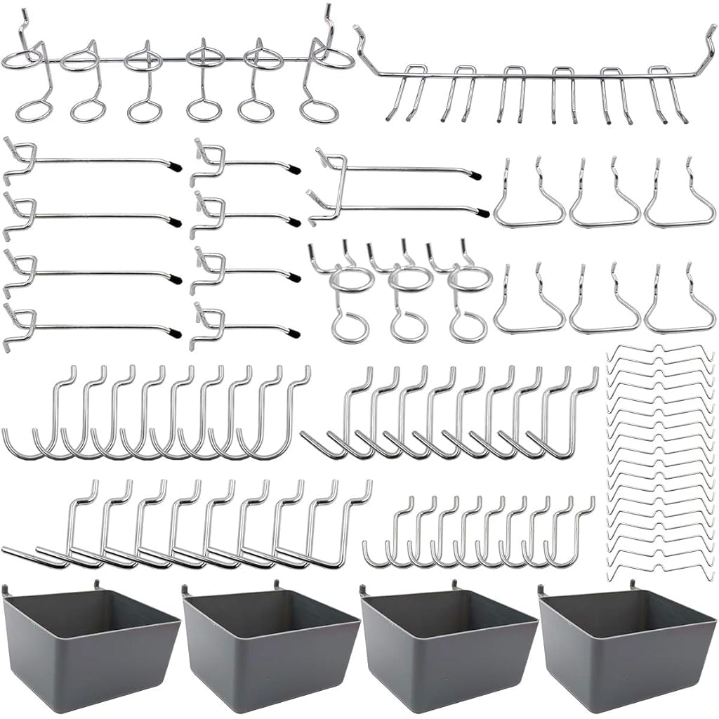 Pegboard Hooks Kit Pegboard Hooks Assortment with Pegboard Bins, Peg Locks, for Organizing Various Tools, 80 Durable Hooks & 4 Bins for 1/8" & 1/4" Pegboards, Versatile Storage Tools