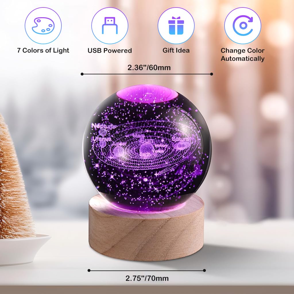 3D Solar System Crystal Ball Night Light, 7 Colors Change Glass Ball Lamp with LED Light Wooden Base, Solar System Lamp for Bedroom Home Decor, Birthday Astronomy Space Gifts for Kids Friend